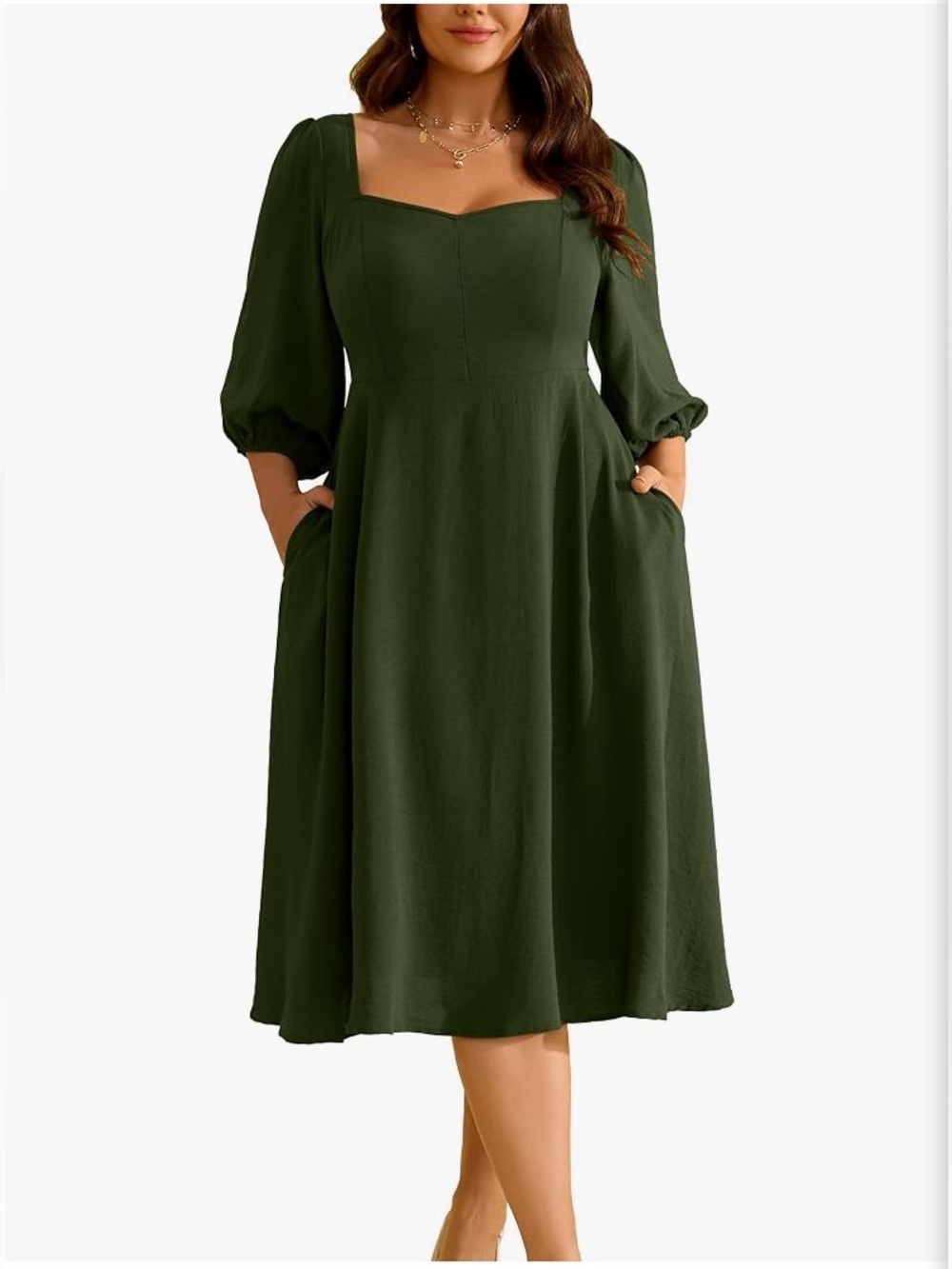RWJ Women's Olive Green Midi Dress with Pockets
